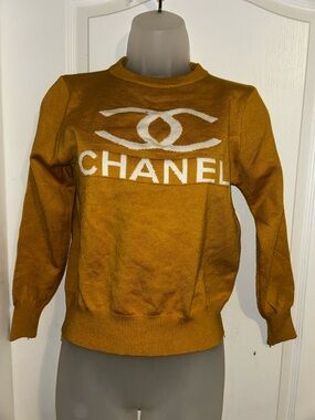 CHANEL Mustard Crewneck Logo Knit Sweater with White Logo